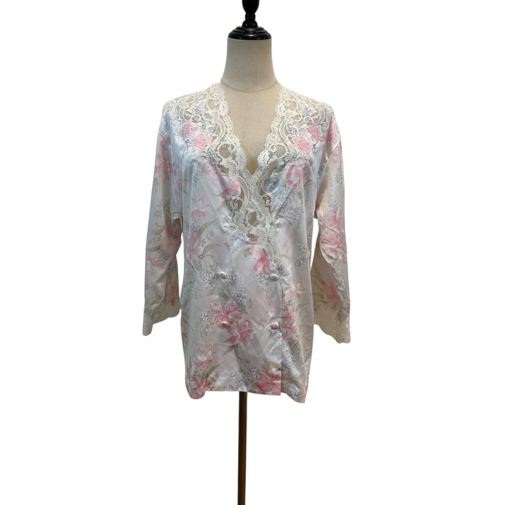 Vtg Sara Beth Sleep Top Pj Double Breasted Floral Satin Embroidered Beaded‎
